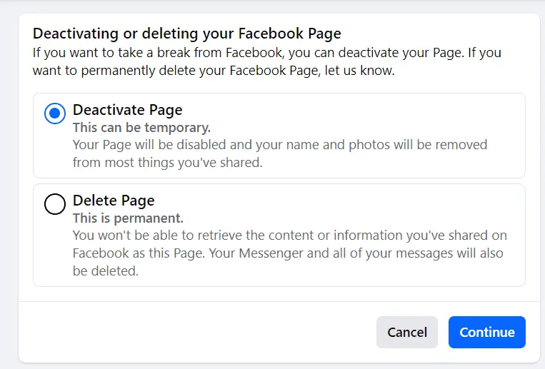 Step 4 :- Confirm Delete a Facebook Page